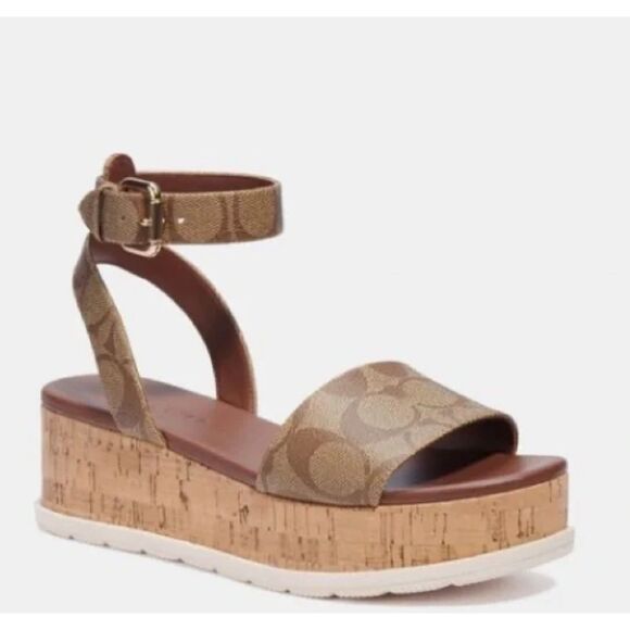 Coach Tallulah Brown Signature Print Platform Ankle Strap Sandals Size 6B - Picture 1 of 14